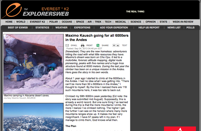 Everest K2 News ExplorersWeb - Maximo Kausch going for all 6000ers in the Andes (20150812)