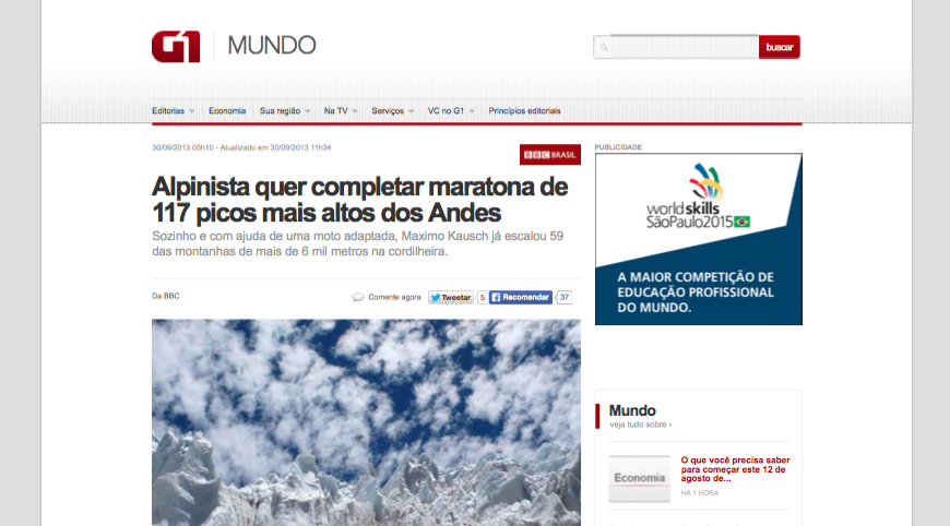 G1 - Alpinista quer completar maratona de 117 picos mais altos dos Andes - notícias em Mundo (20150812)